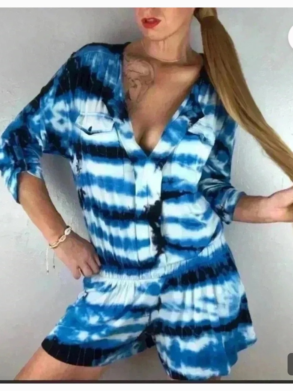 Young, Broke & Fabulous Blue Tie-Dye Short Romper, Size Small